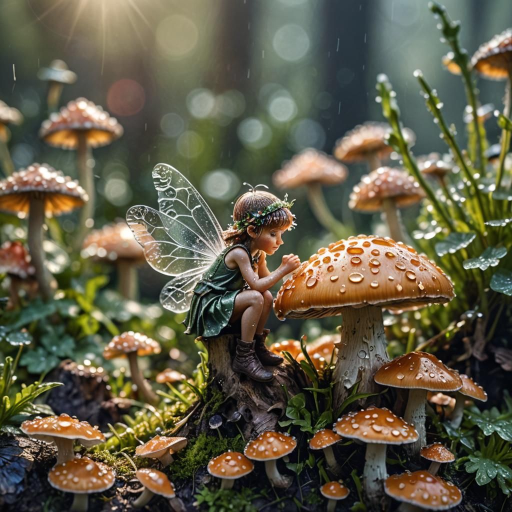 Enchanting Fairy on Mushroom: Macro Photography