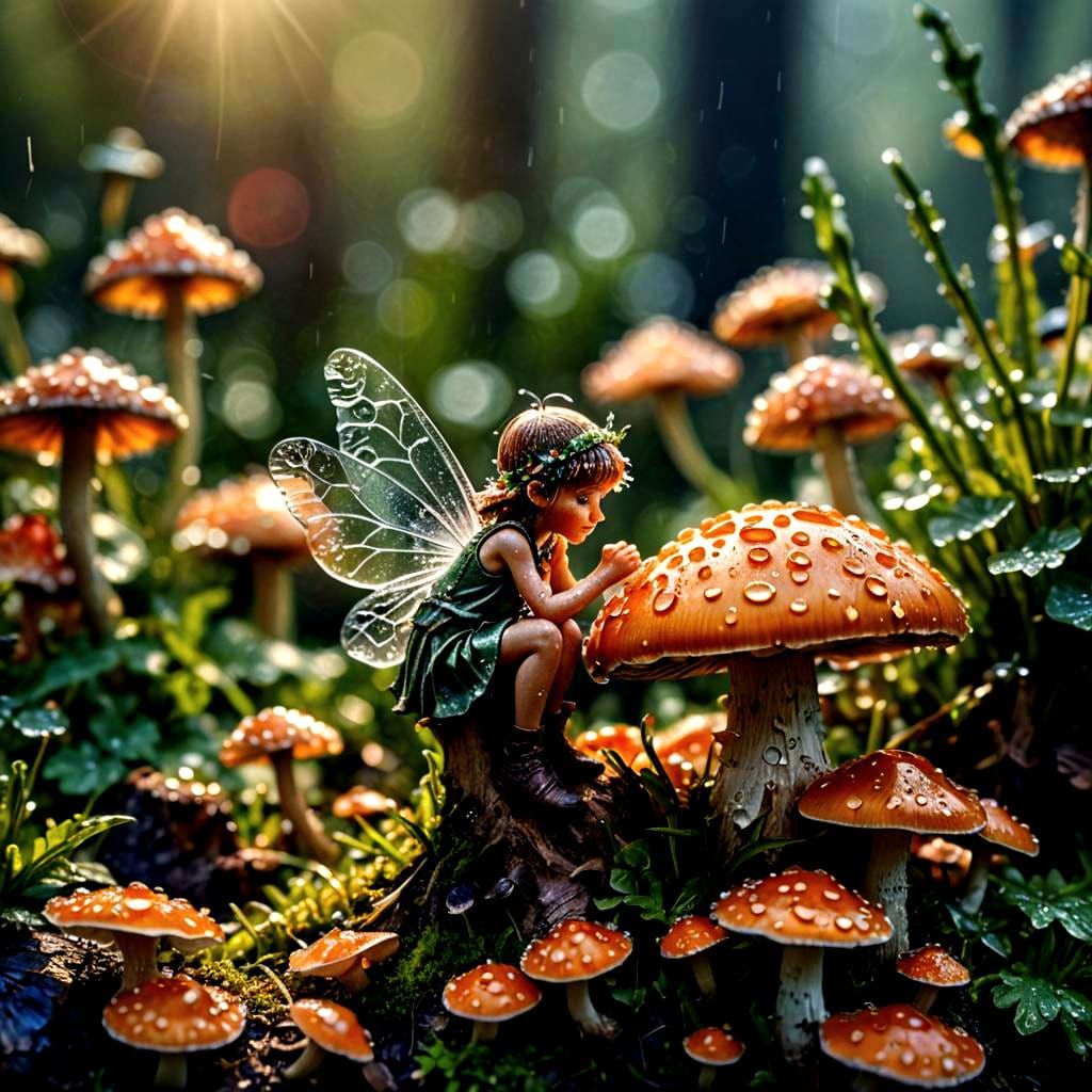 Hyperrealistic Macro Photo of Fairy on Mushroom
