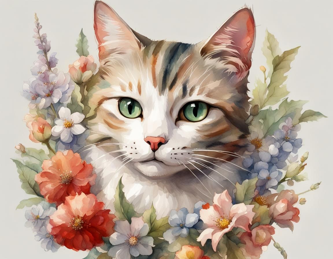 Festive Cat Portrait in Vintage Watercolor Style