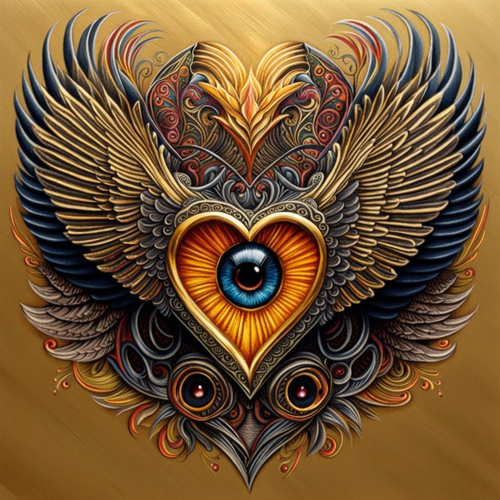 Winged Heart with Golden Eye: Crayon Drawing