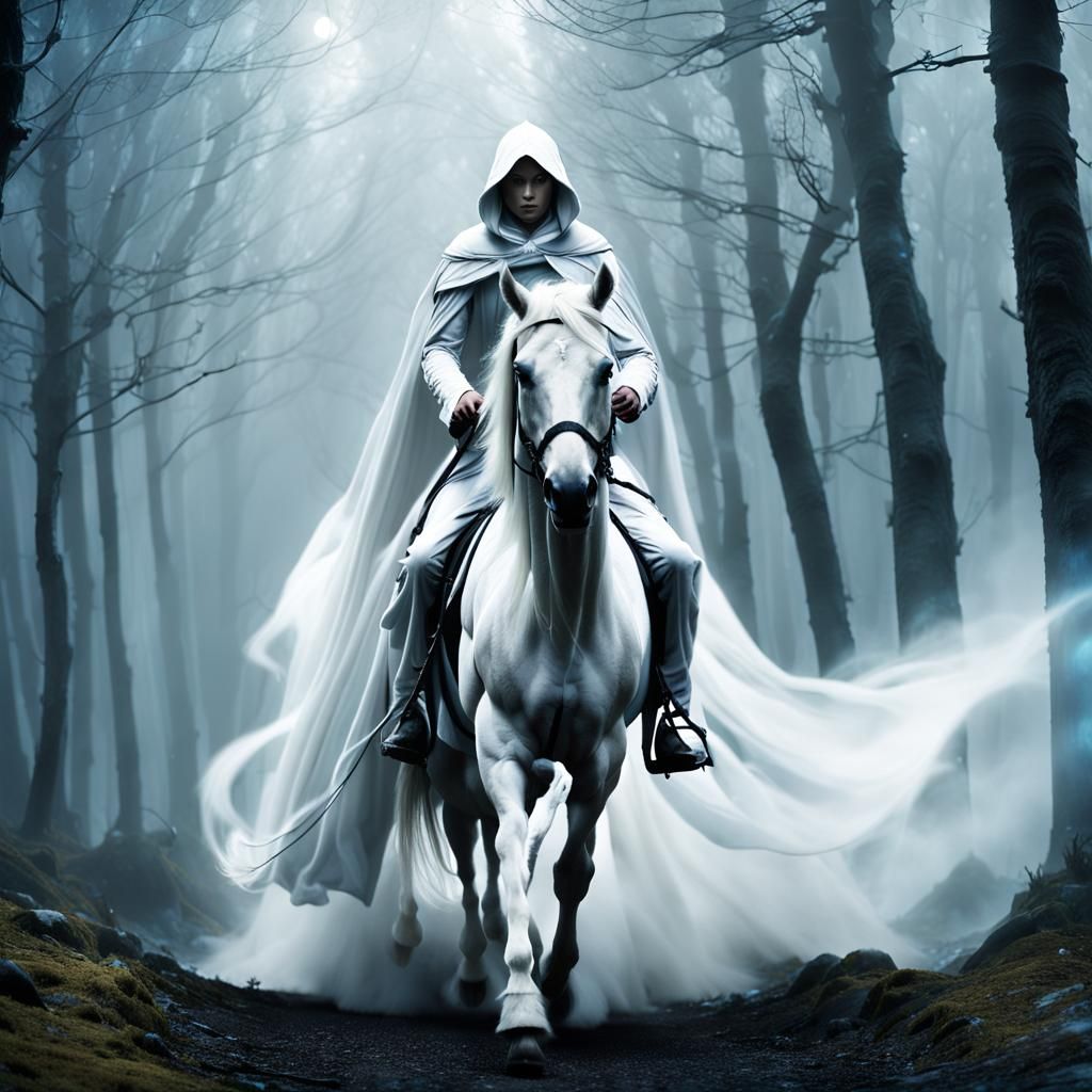 Spectral Rider in Eerie Forest: Cinematic Digital Painting