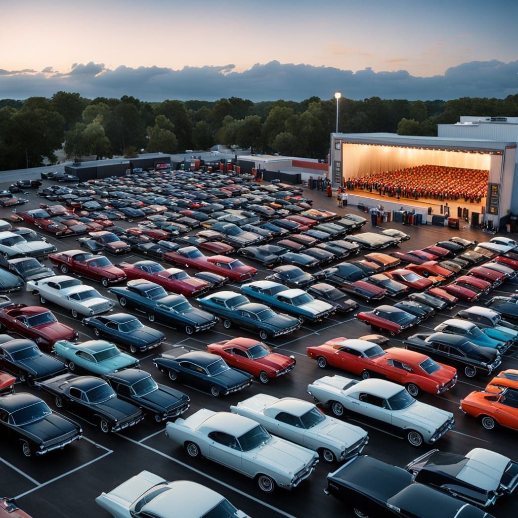 Muscle Cars Lined Up at a Drive-In Movie Theater