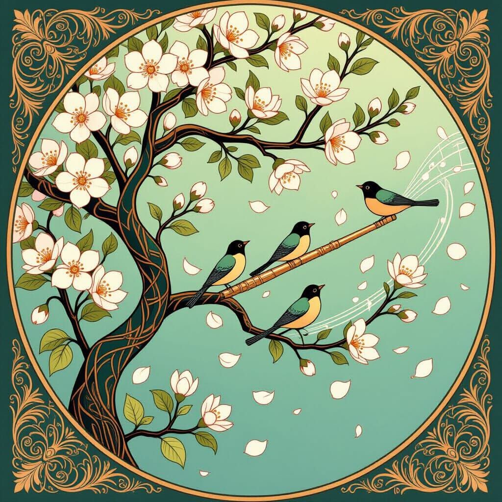 Art Nouveau Blossoming Tree with Musical Flowers
