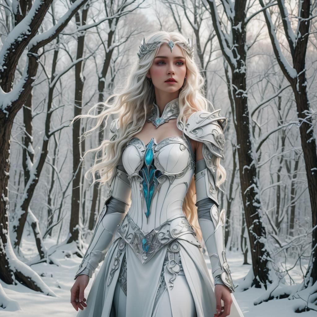 Elven Snow Goddess in Art Nouveau Vaporwave Style