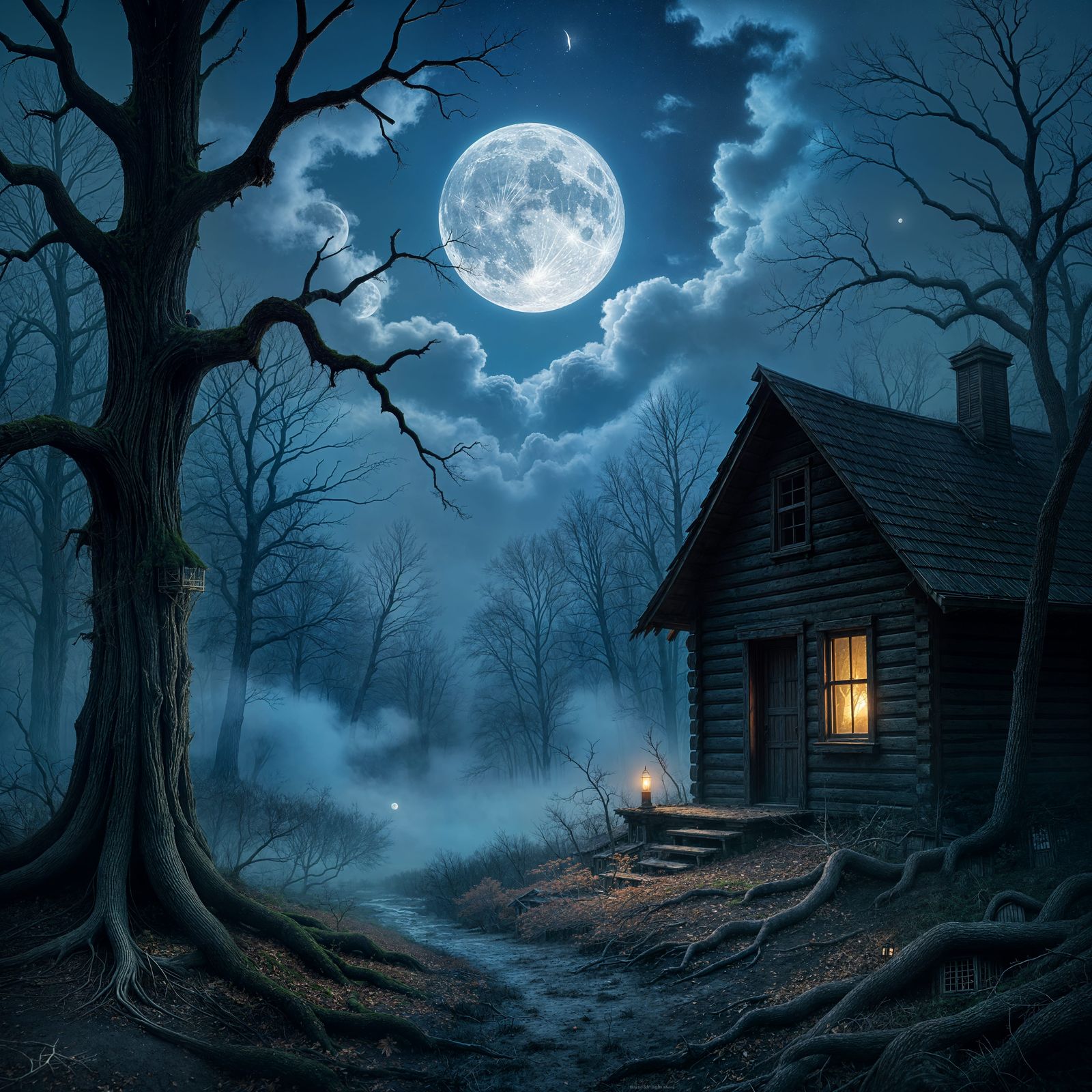 Mysterious Foggy Cabin Under a Low Moon