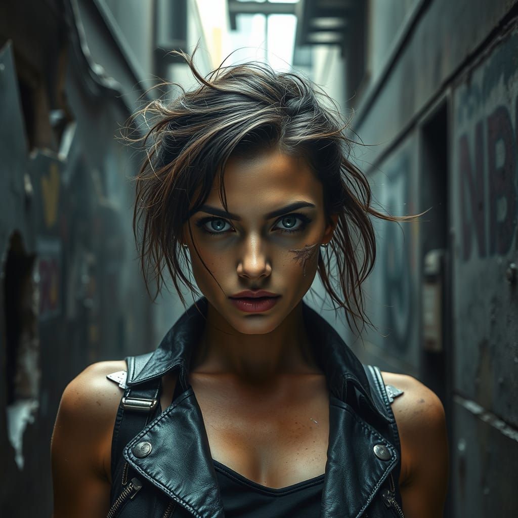 Strong Woman Dominates Gritty Urban Landscape