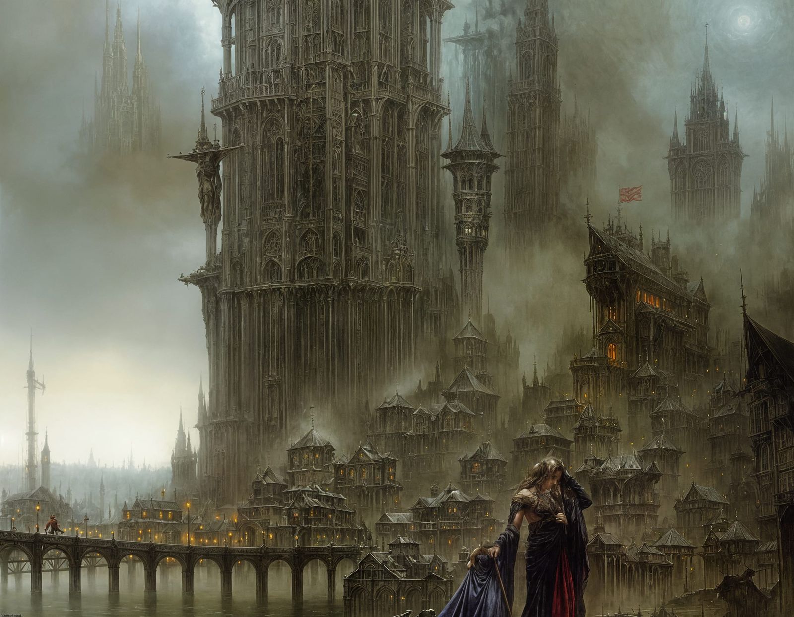 Gothic Medieval Port City in Bad Weather