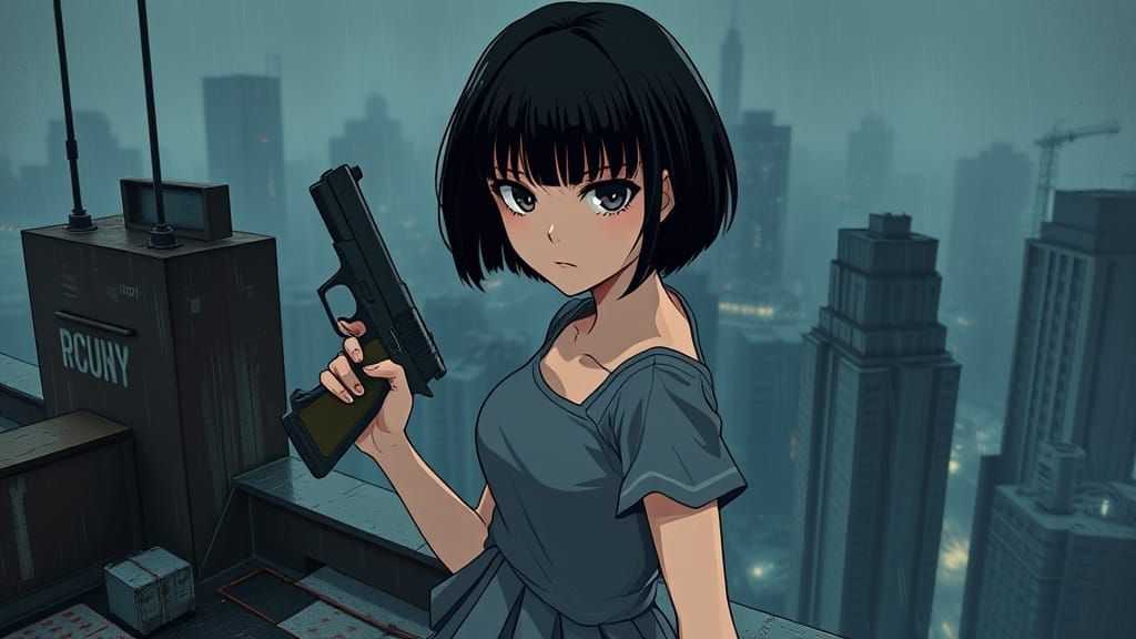 Gritty Anime Girl on Rooftop with Gun in Hand