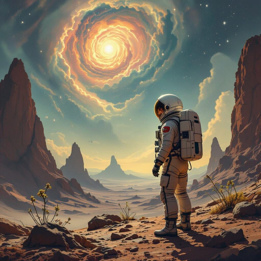 Astronaut on Alien Planet Gazing at Nebula in Retro Sci-Fi S...