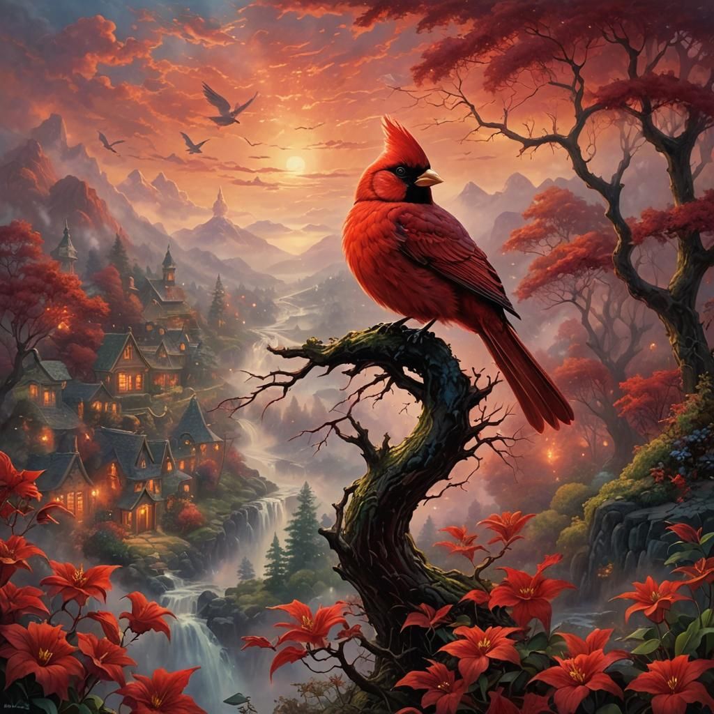 Luminescent Red Bird in Ethereal Fantasy Landscape