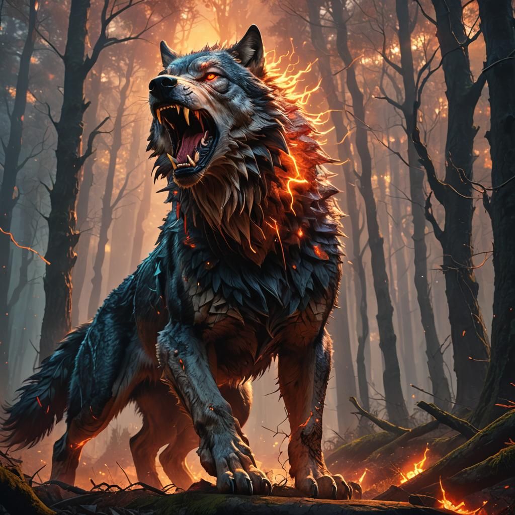 Mystical Forest: Roaring Wolf Creature in Dark Fantasy