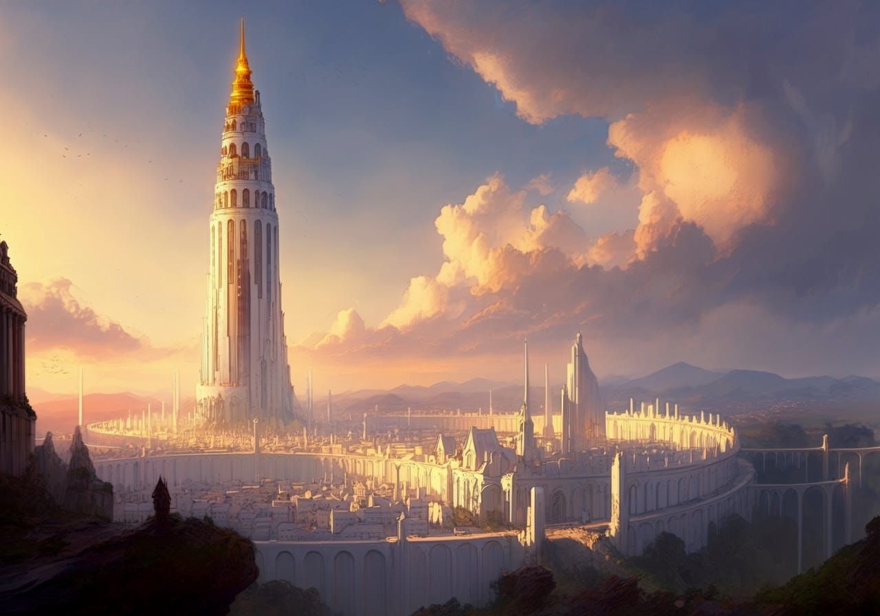 Fantasy City with White-Gold Tower in Watercolor Style