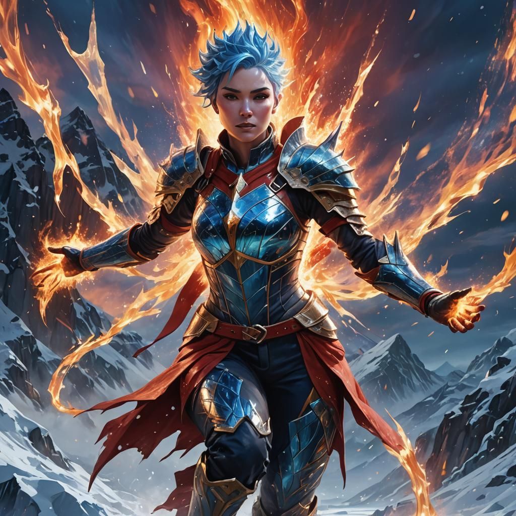 Fiery Armored Woman in Snowy Landscape