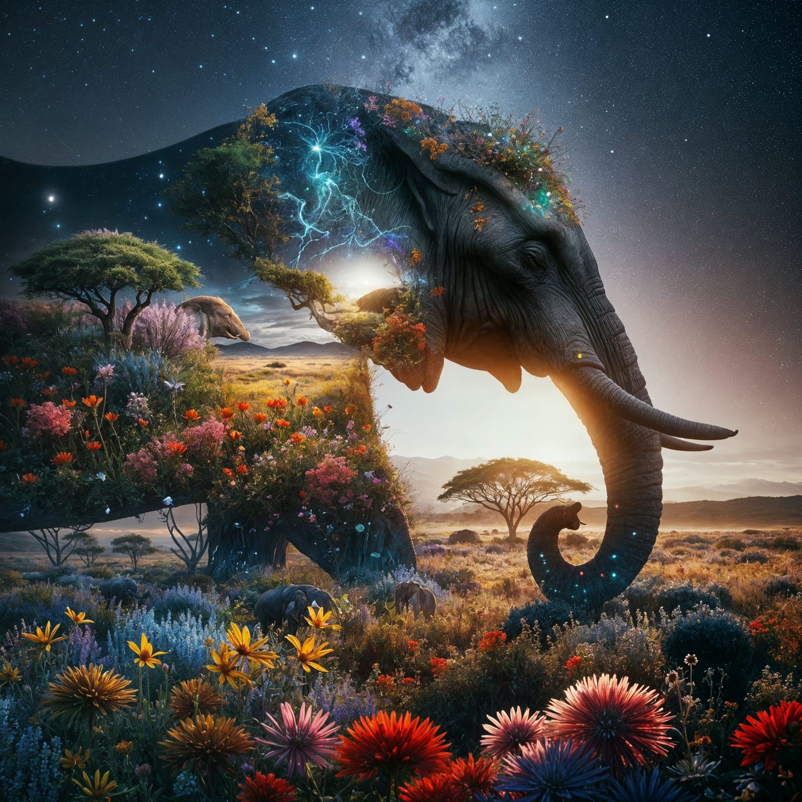 Elephant Merged with Savannah in Hyper-Realistic Double Expo...