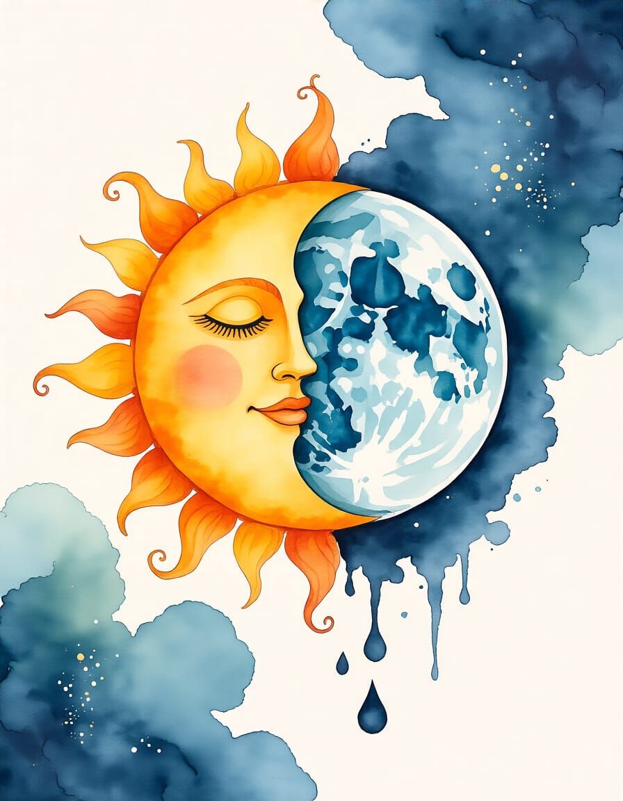 Watercolor Sun and Moon Whimsical Composition