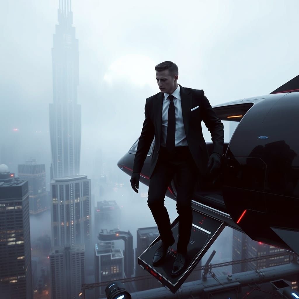 Neo-Noir Man Exits VTOL Jet in Cyberpunk Cityscape