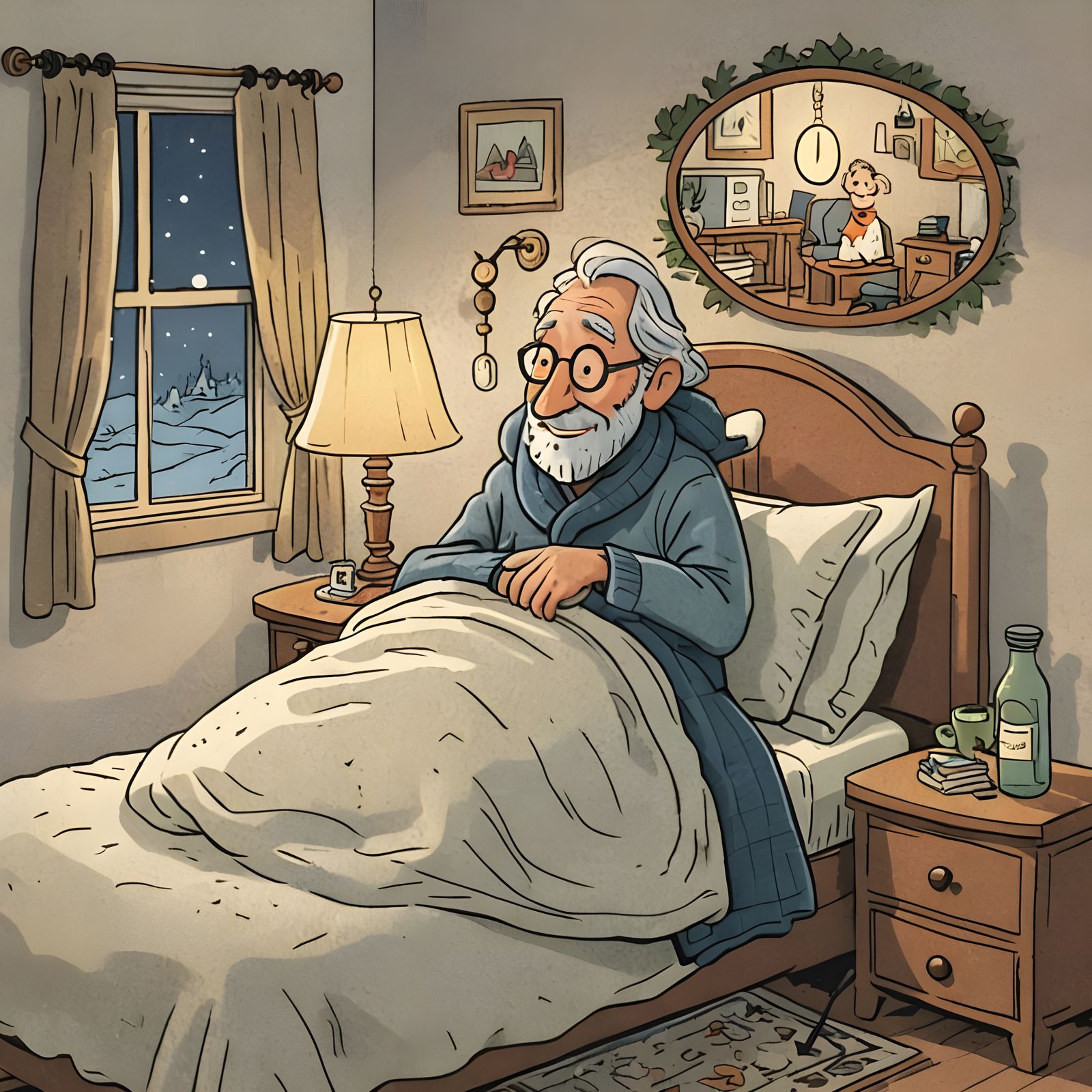 Cartoon of a Happy Man's Cozy Bedroom