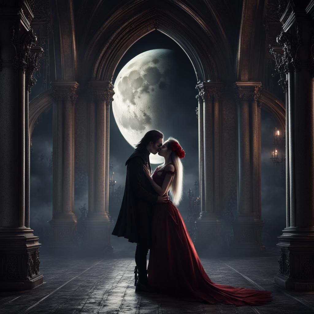 Vampire Couple Kissing in Gothic Moonlight