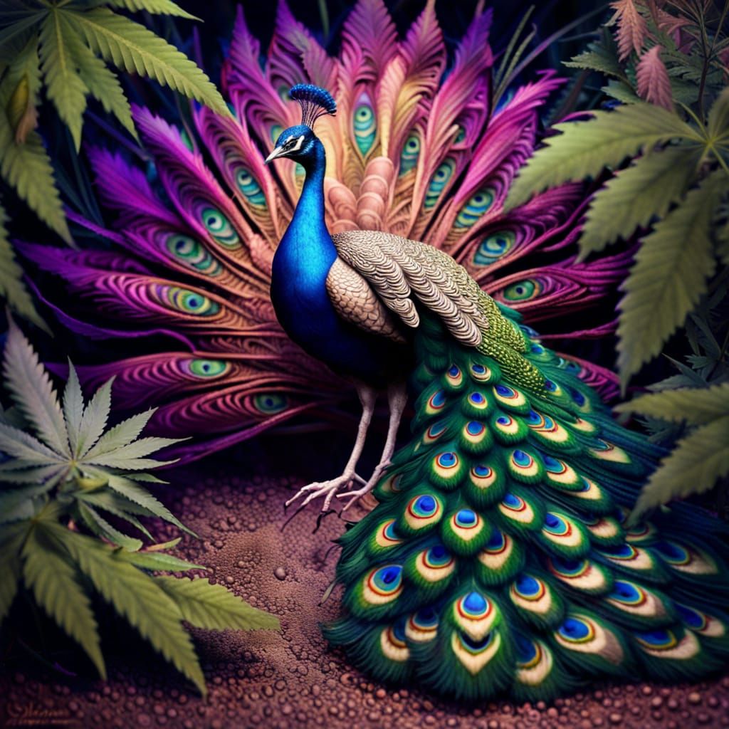 Mystical Cannabis Peacock in a Secluded Garden