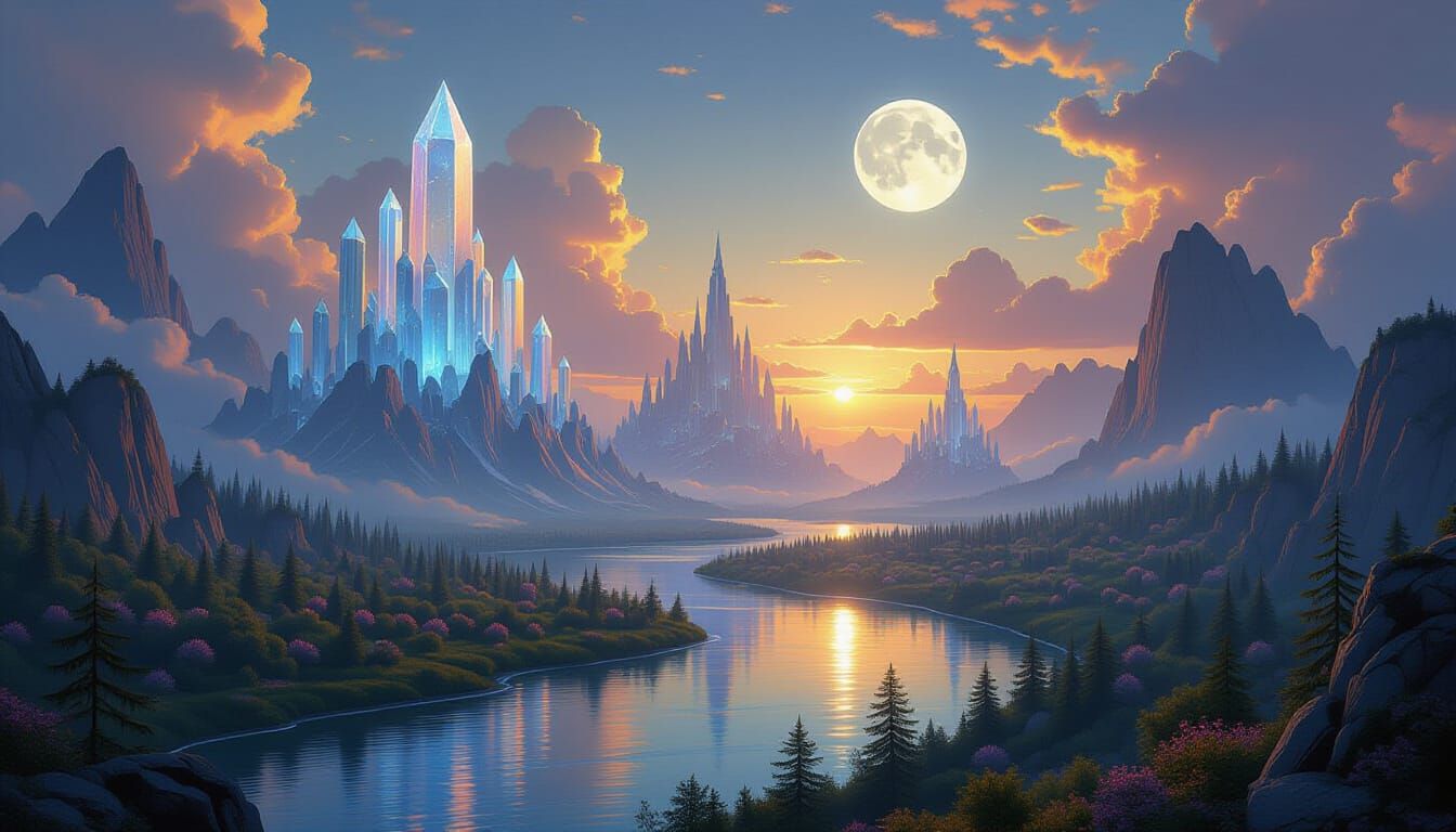 Majestic Fantasy World Landscape with Crystal Mountains