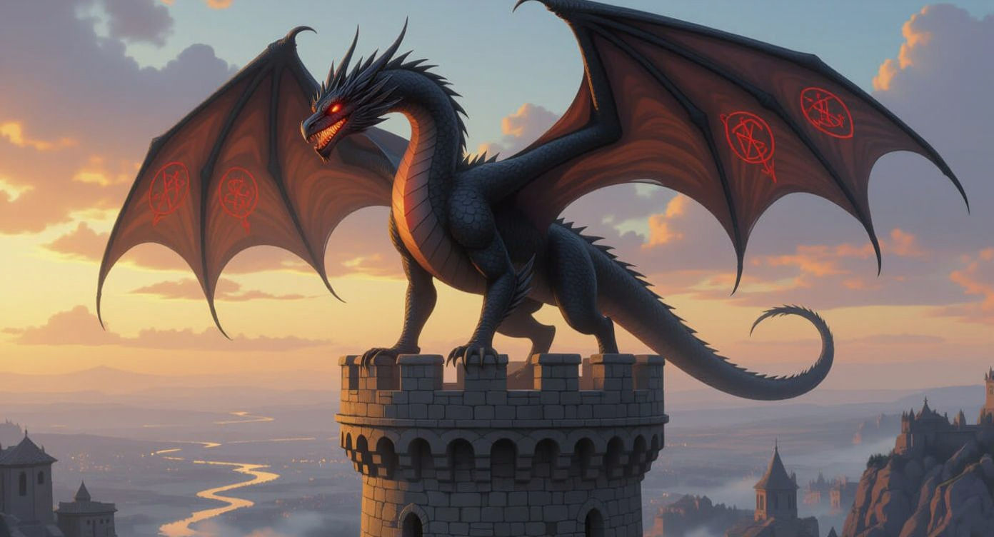 Dark Dragon on Tower with Crimson Eyes, Fantasy Art
