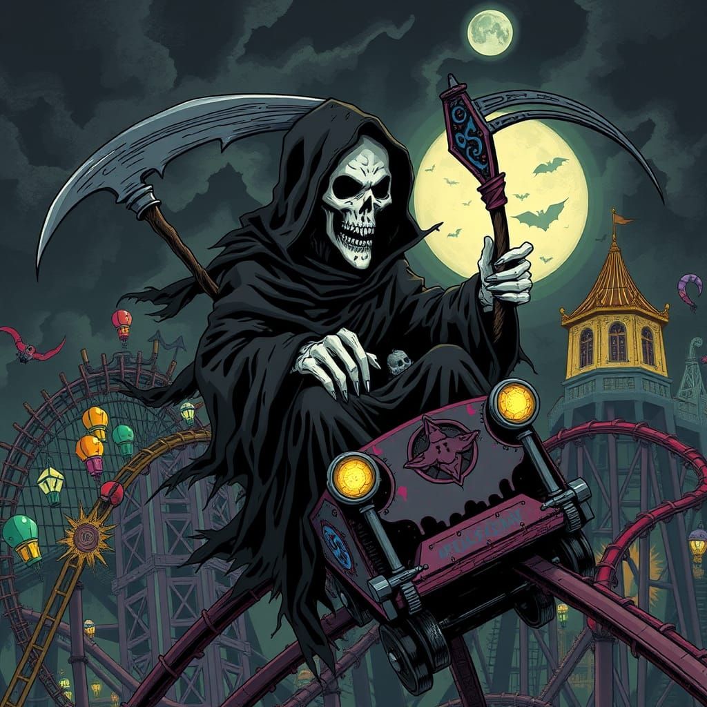 Grim Reaper's Thrilling Ride: Dark Amusement Park