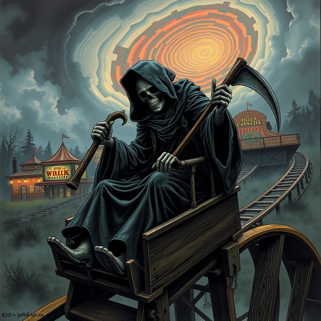 Grim Reaper Rides Roller Coaster in Heavy Metal Style