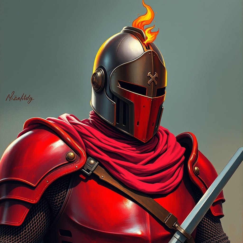 Majestic Knight with Flaming Helmet in Futuristic Style