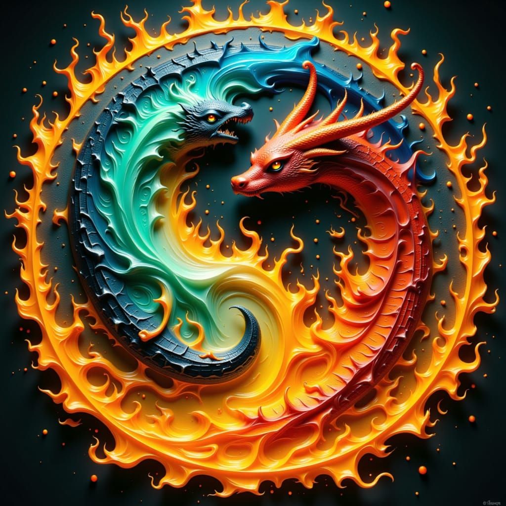 Water and Fire Creatures in Yin Yang Symbol