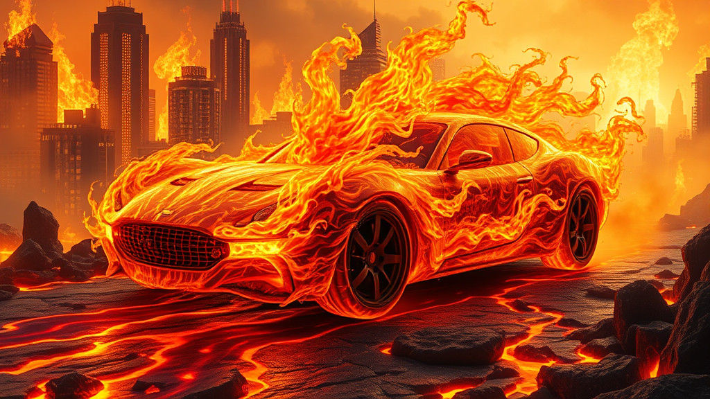 Fiery Lava Car in Blazing Cityscape