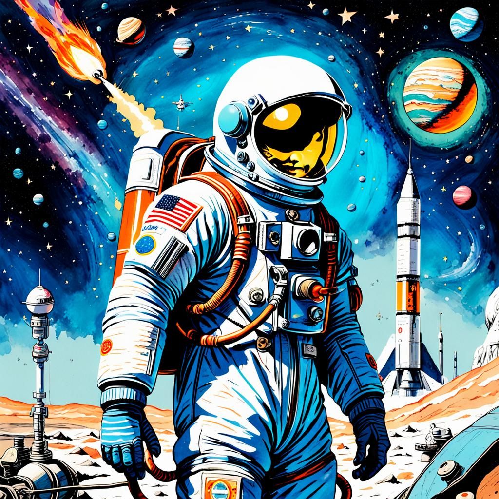 Retro-Futuristic Astronaut Refuels in Space Comic Art