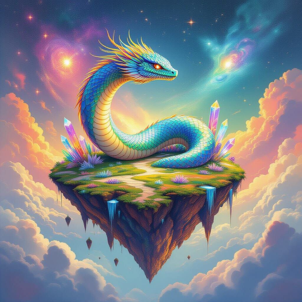 Feathered Serpent Coiling Around Floating Island, Art Deco S...