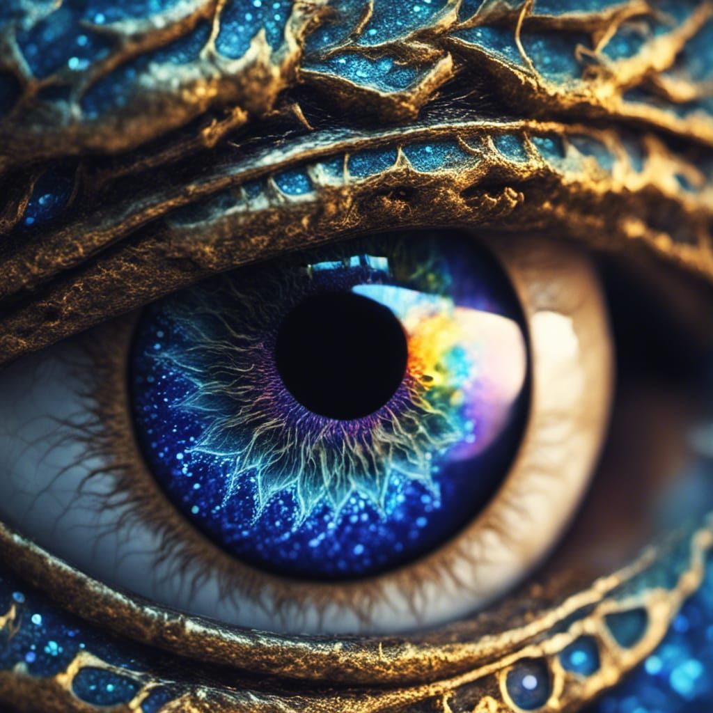Intricate Dragon Eye with Iridescent Cosmic Stars