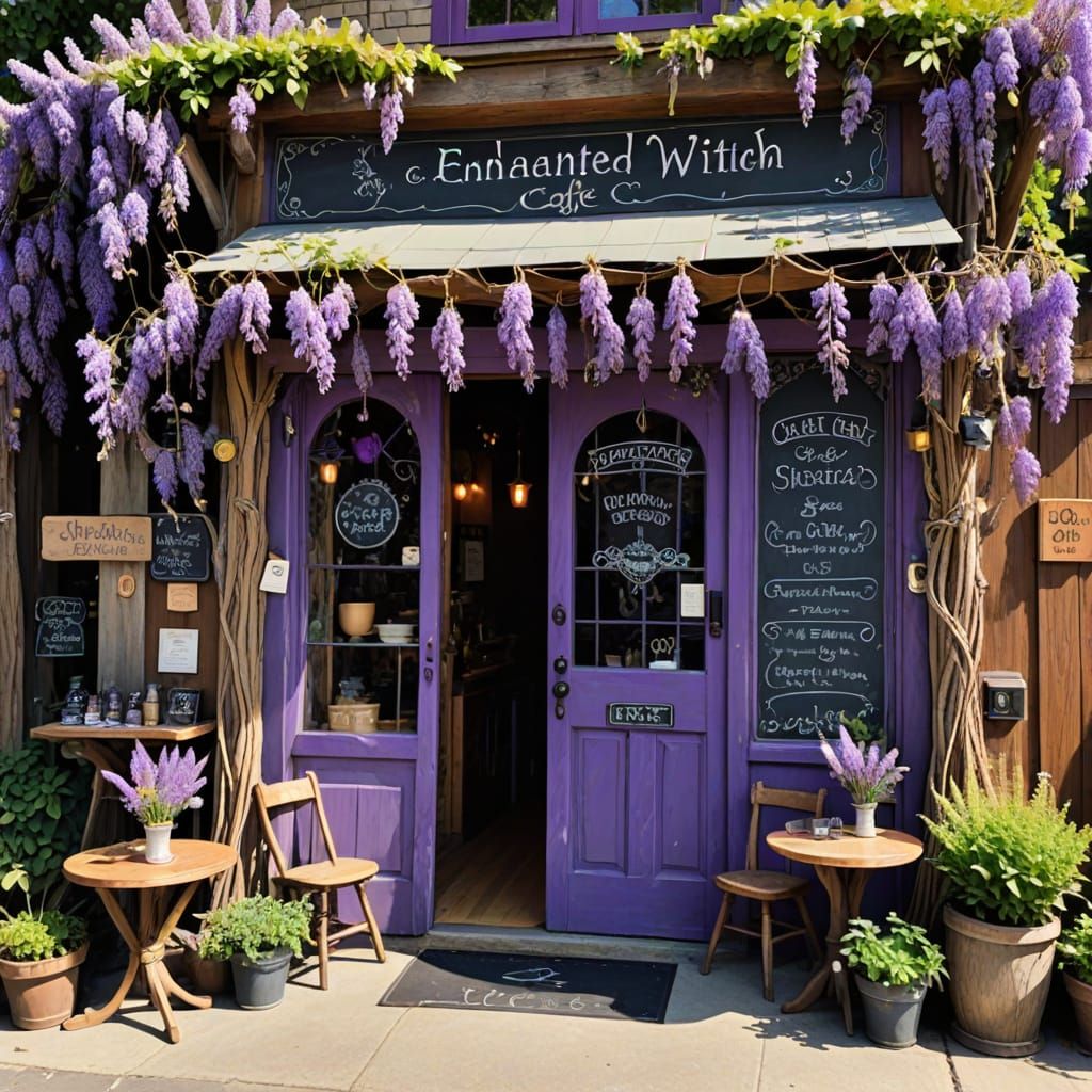 Enchanted Witch Cafe with Wisteria and Purple Door