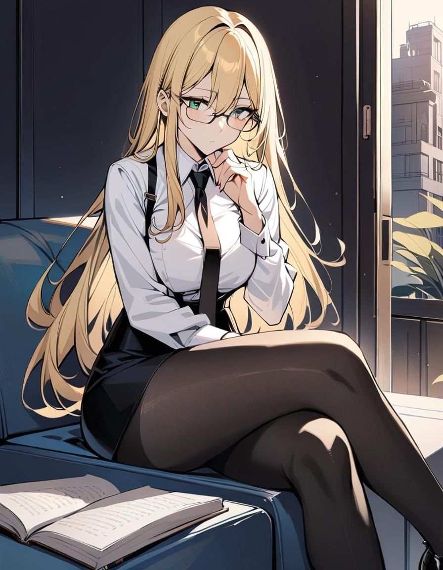 Pensive Woman Reading with Crossed Legs