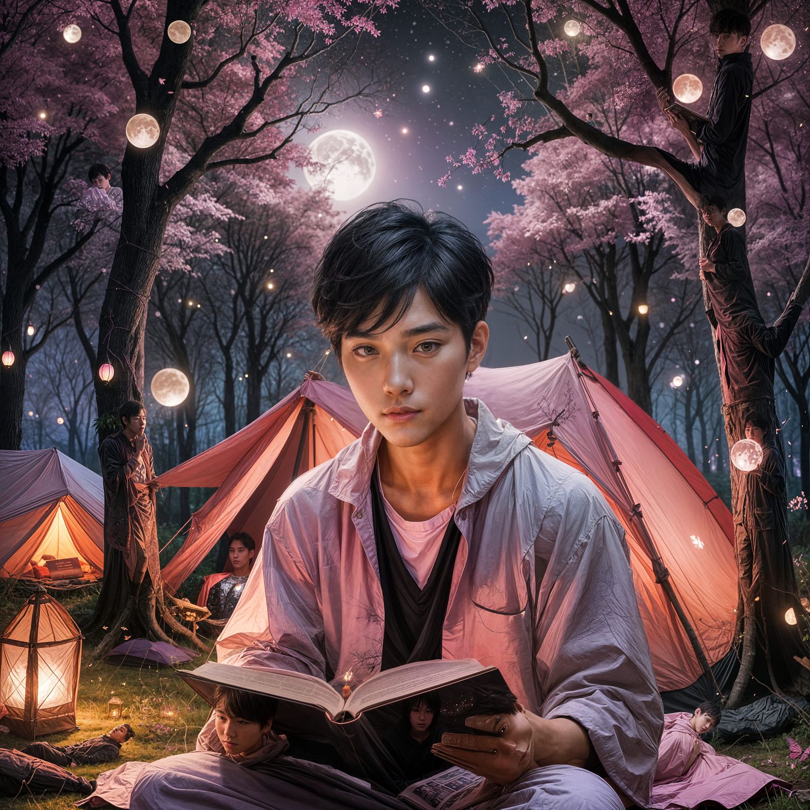 Boy Reading Book in Fantasy Forest with Purple Moon