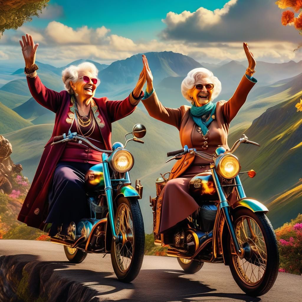 Steampunk Old Ladies High-Fiving on Mountain Road
