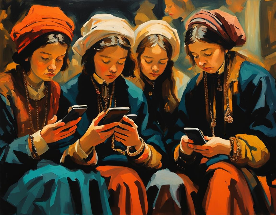 A Rembrandt Painting Of Girls Staring at their Cellphones II