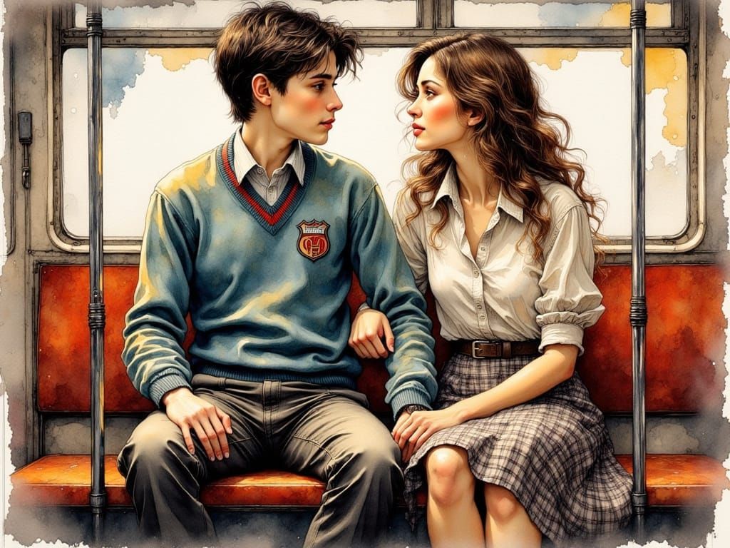 Teenage Sweethearts on NYC Bus in Hyperreal Style