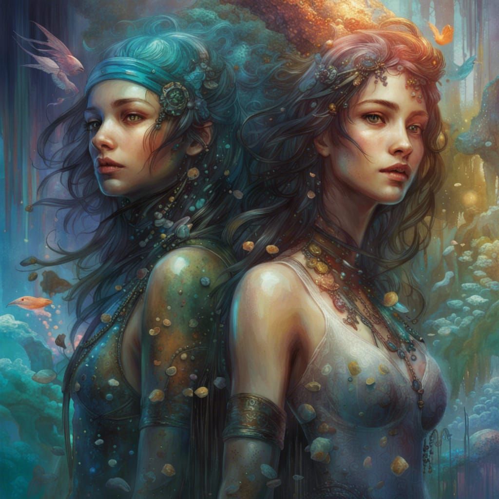 an iridescent, detailed, and two gorgeous mermaids in a oasi...