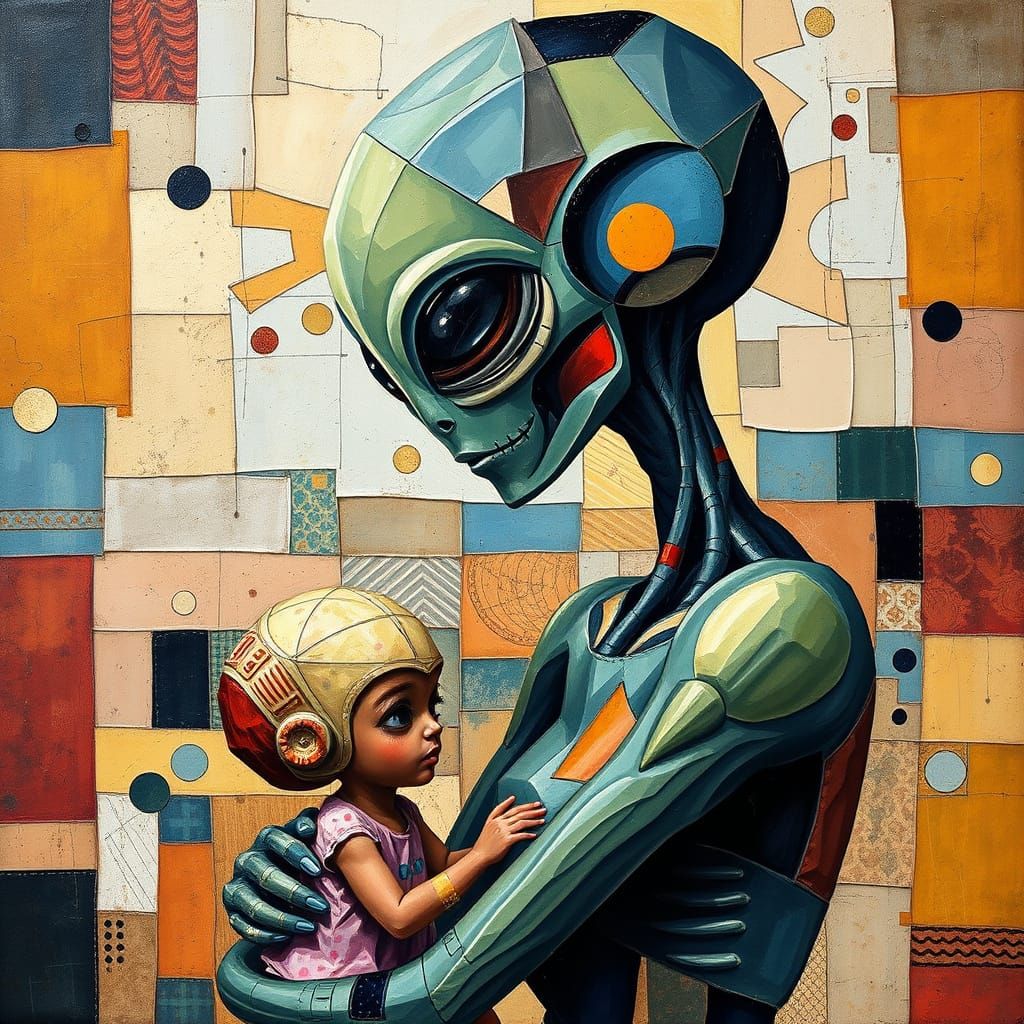 Surrealist Alien Mother and Child in Vibrant Cubist Art