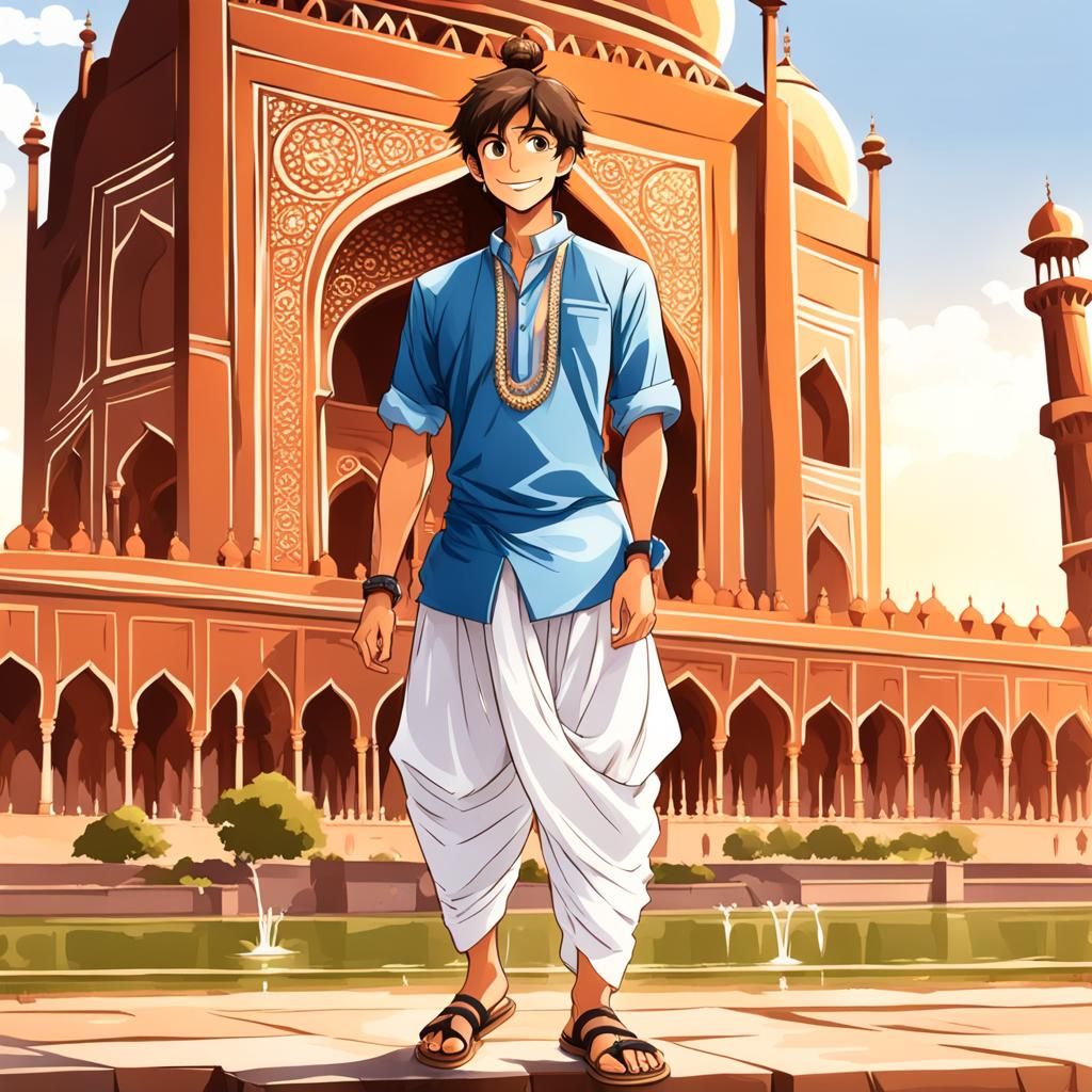 Anime Boy at Taj Mahal Fountain