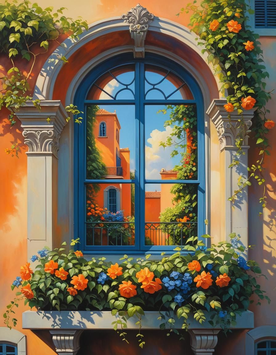 Rooftop Window and Garden in Oil Painting Style