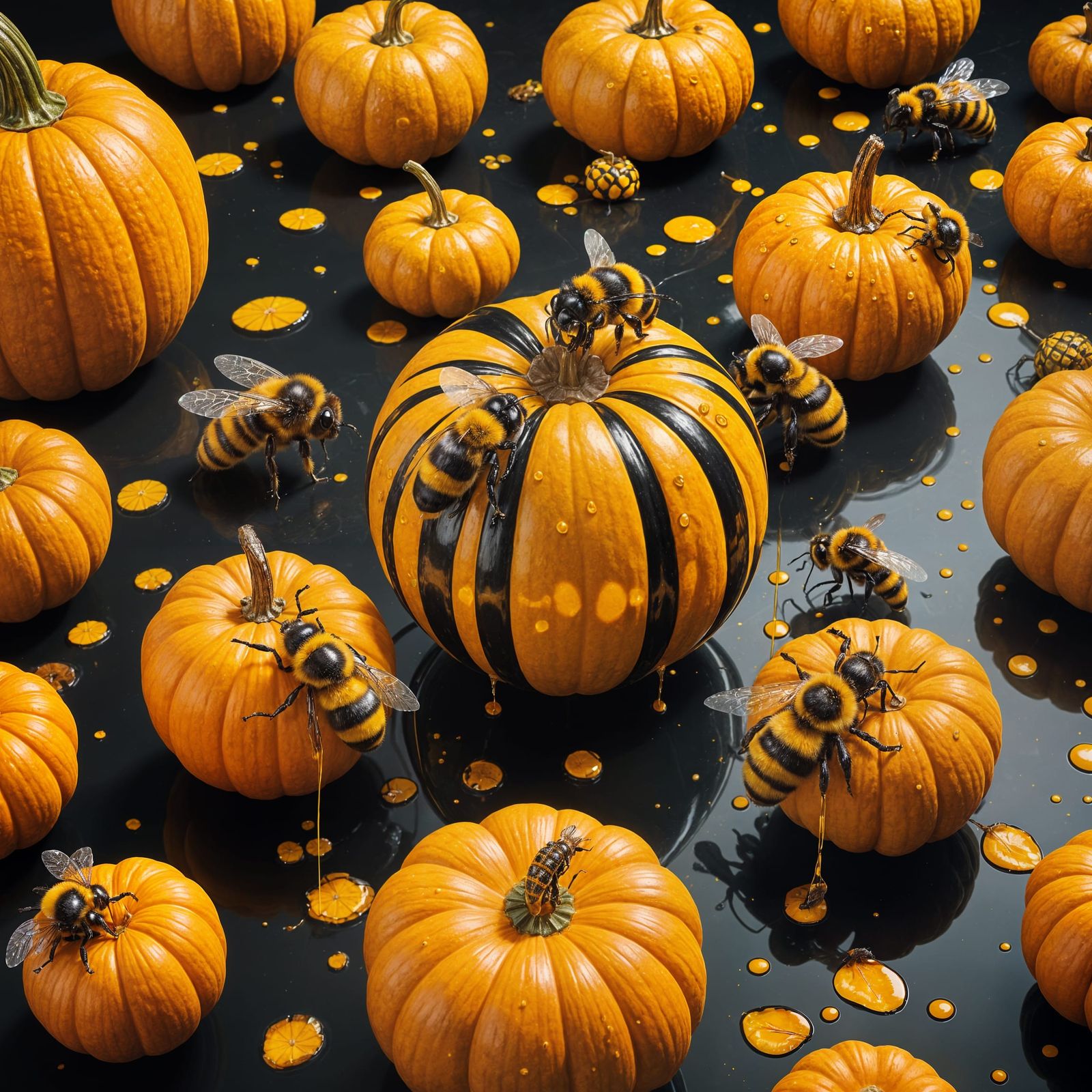 Bumblebees Dripping Honey Over Orange Pumpkin: Matte Paintin...