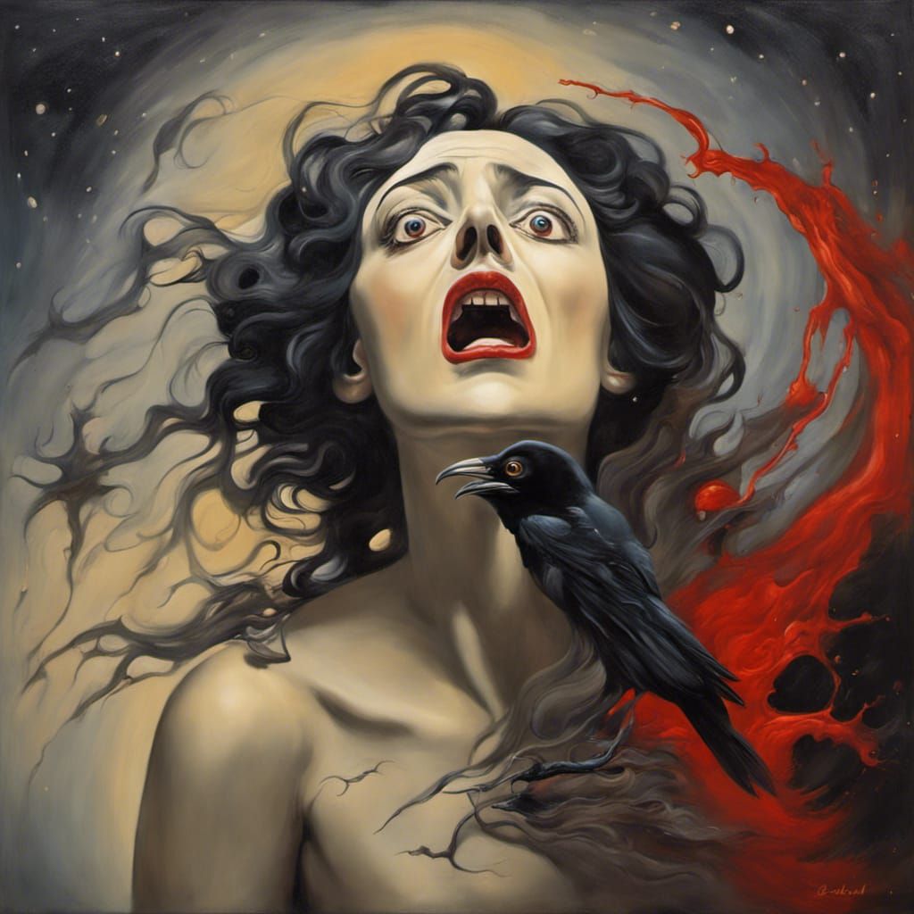 Surreal Raven and Wise Woman in Oil