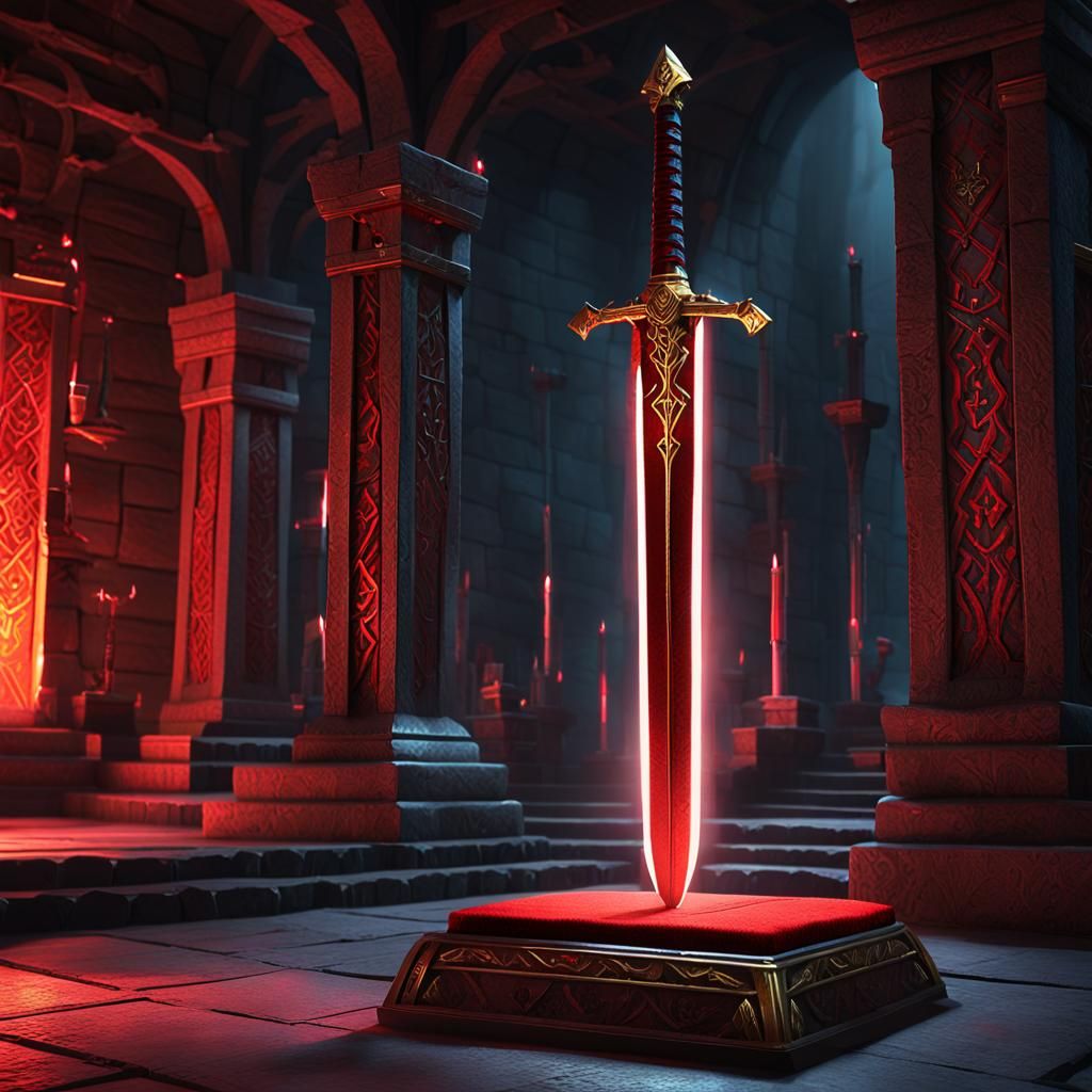 Glowing Red Sword in Mystical Chamber, Fantasy Artwork