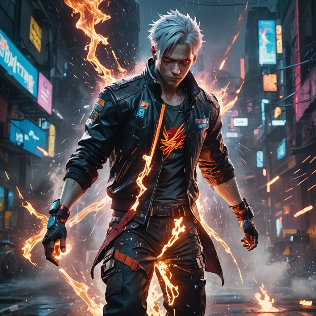 Shoto Todoroki in Cyberpunk 2099 with Fire and Ice