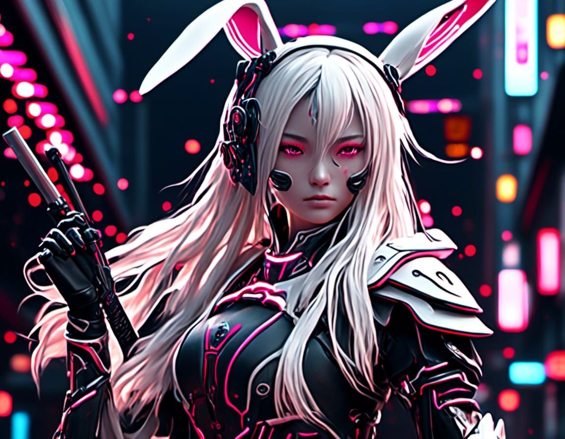 Cyborg Samurai Bunny Woman in Anime Style