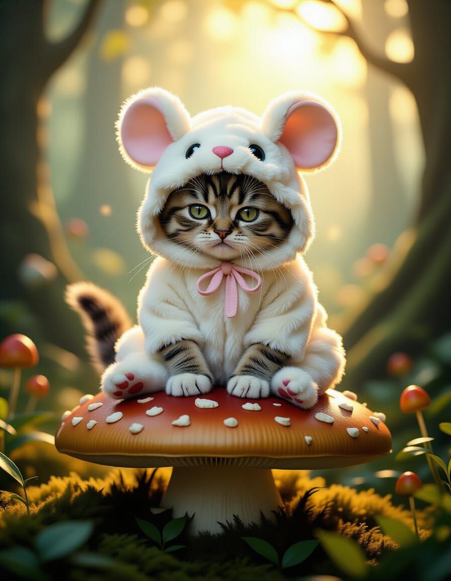 Grumpy Kitten in Mouse Costume on Mushroom