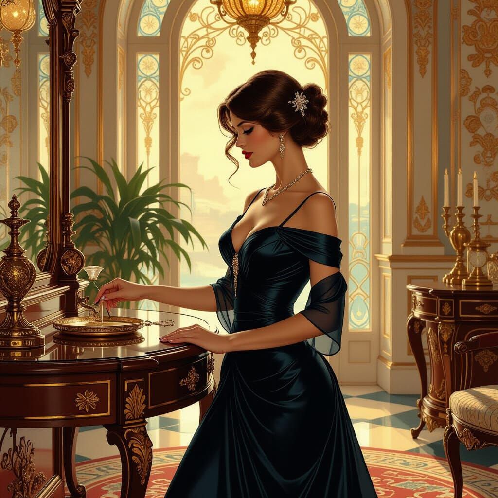 Elegant Woman Polishing Furniture: Art Nouveau Style
